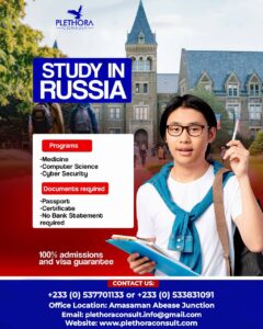 Young male student wearing glasses, a white t-shirt, and a blue sweater tied around his shoulders, holding a clipboard and pen. Behind him is a historic university building. Promotional banner for Plethora Consult’s fully funded scholarships to study in Russia, featuring programs in Medicine, Computer Science, and Cyber Security with guaranteed admission and visa approval.