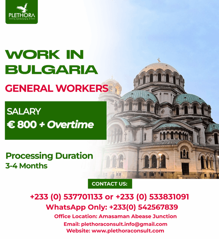 Work in Bulgaria general workers visa – €800 salary plus overtime, 3-4 month processing time by Plethora Consult.
