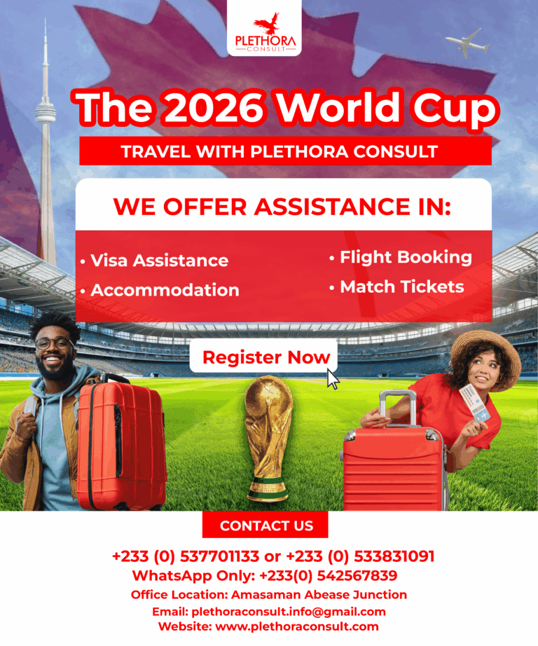 Plethora Consult Canada 2026 World Cup travel package including visa assistance, flight booking, accommodation, and match tickets – travel agency in Amasaman, Ghana.