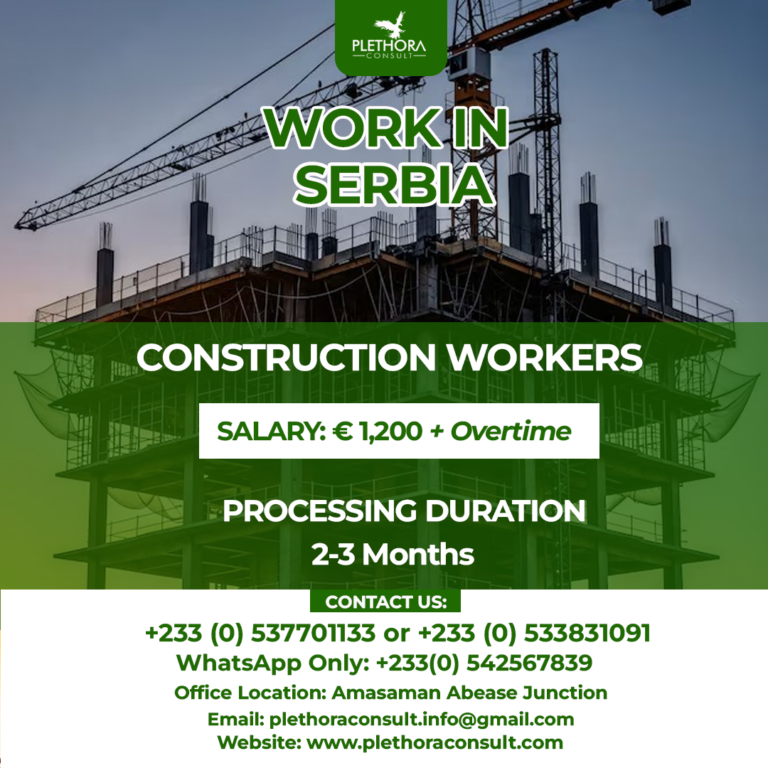 Construction work in Serbia for foreign workers – €1,200 salary, fast 2-3 month processing, Plethora Consult recruitment agency.